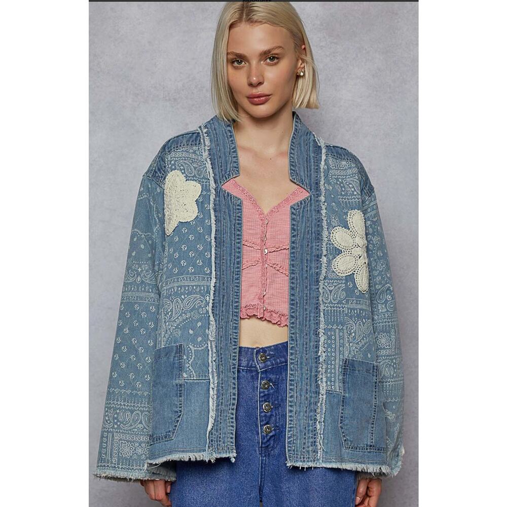 61. POL Denim Blue Quilted Paisley with Crochet Patches Open Pocket Jacket NEW